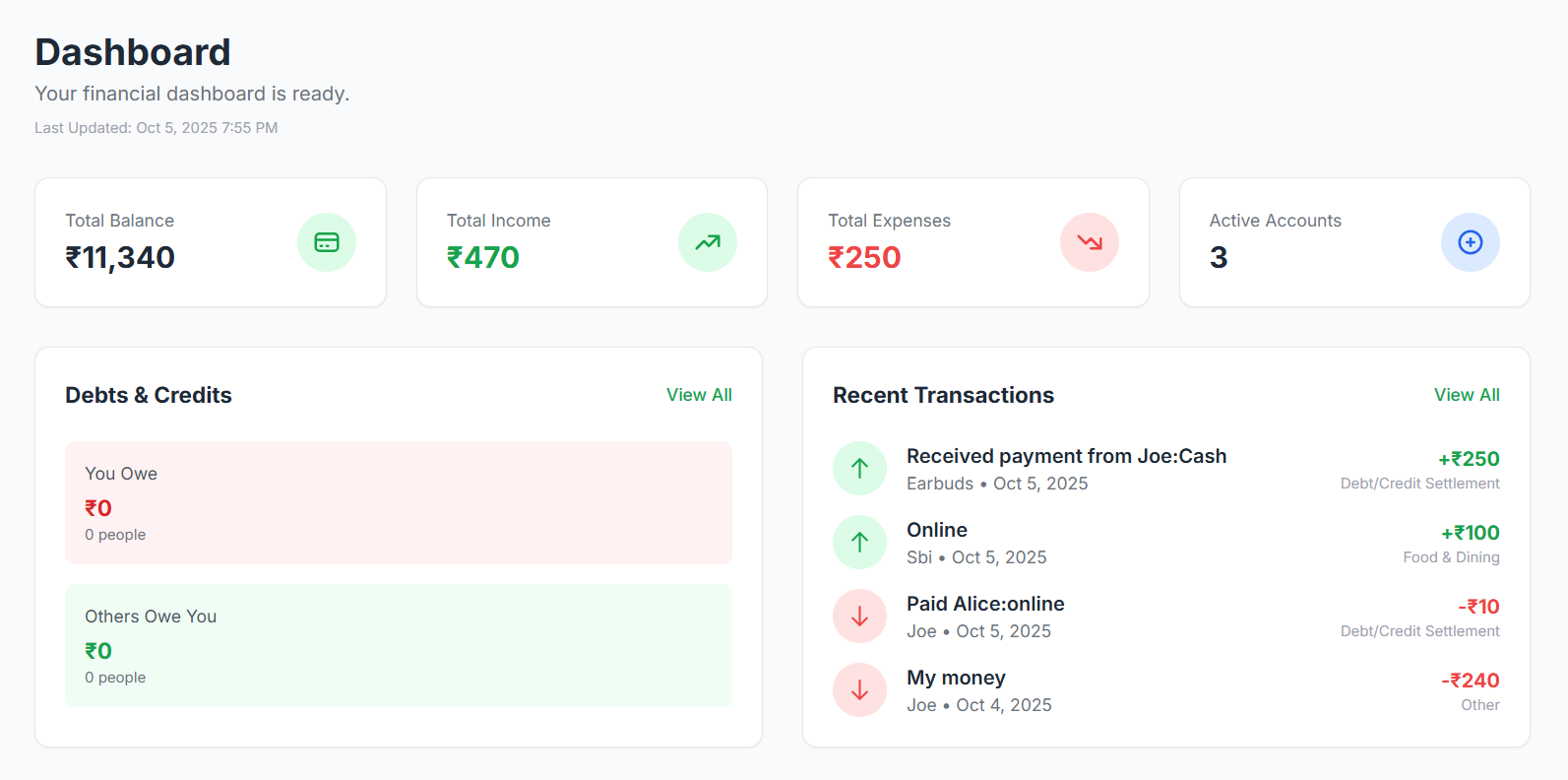 Traxos financial dashboard showing total balance and recent activity